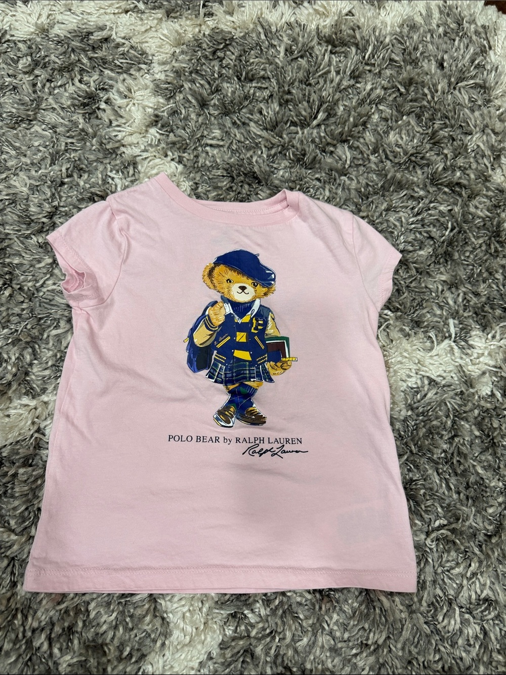 Ralph Lauren Pink Polo Bear Tee with Navy & Yellow Graphic